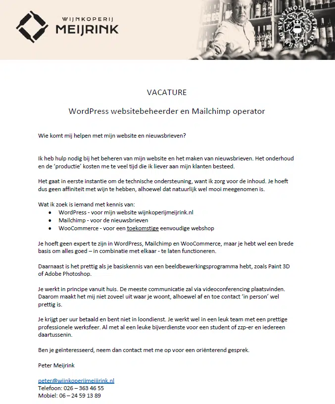 Vacature WordPress websitebeheerder en Mailchimp operator bij Wijnkoperij Meijrink
