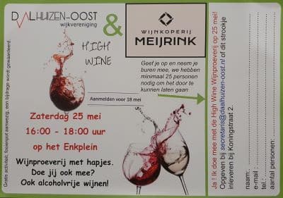 Aanmelden voor High Wine op 25 mei van Wijkvereniging Daalhuizen-Oost