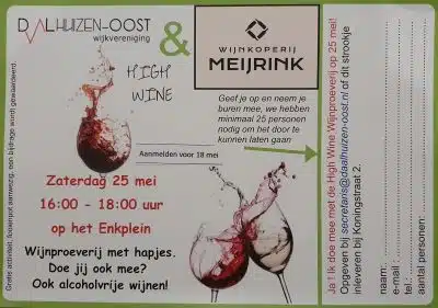 Aanmelden voor High Wine op 25 mei van Wijkvereniging Daalhuizen-Oost